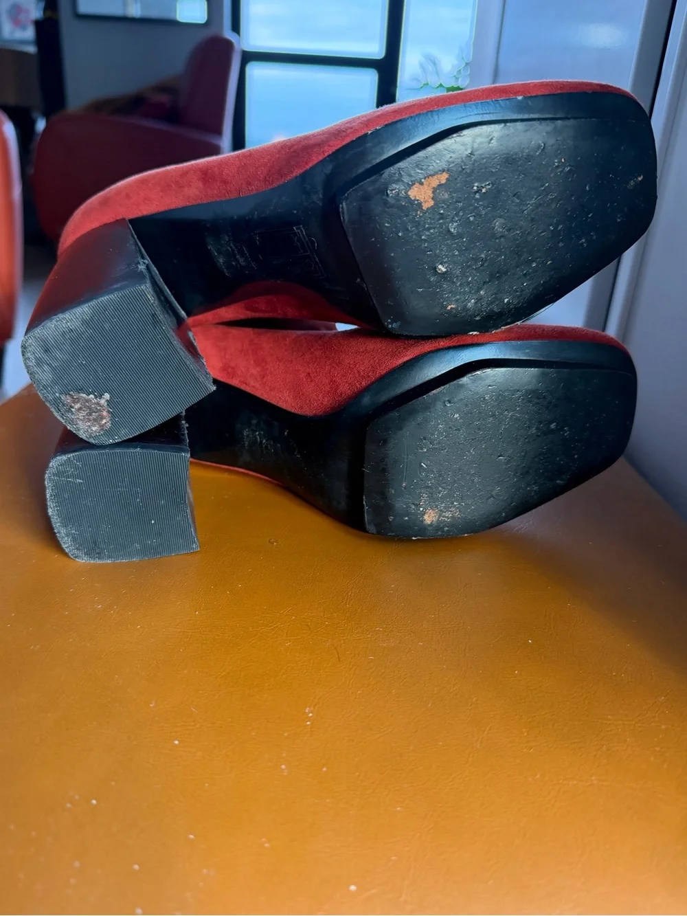 Tory Burch Red Suede Block Heel Ankle Boots with Logo Heel Accent
